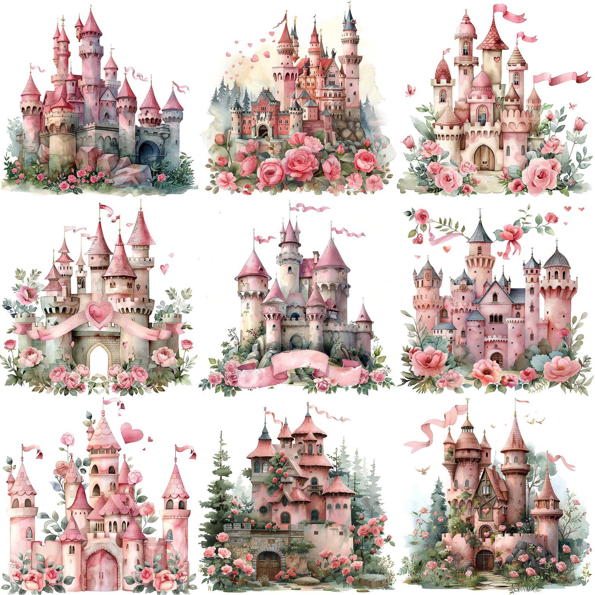 JPEG Watercolor Princess Castle Clipart Bundle Jpeg Labels Pink ...