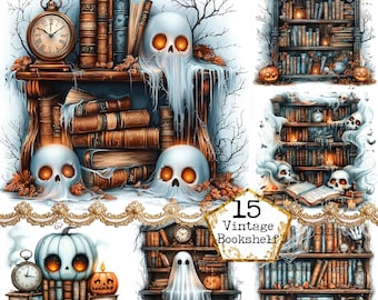 JPEG Watercolor Spooky Haunted Bookshelves Clipart Bundle Spooky Library Halloween Instant Download Paper Crafts Junk Journal Scrapbooking