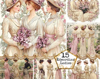 JPEG Shabby Chic Vintage Ladies Clipart Bundle JPEG Scrapbook Papel Acuarela Arte Descarga Instantánea Papel Artesanía Junk Journal Scrapbooking