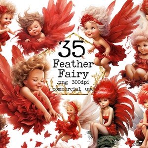 PNG Red Fairy Watercolor Clipart Bundle Feather PNG Wings Png Little Angel PNG Paper Crafts Card Making Junk Journal Scrapbooking