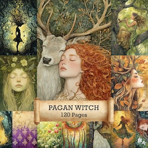 Può includere: Un collage di illustrazioni fantasy con una donna dai capelli rossi e un cervo, circondati da altre immagini mistiche. Il testo "PAGAN WITCH 120 Pages" è visualizzato su una pergamena. L'opera è in stile acquerello, con un tema naturale.