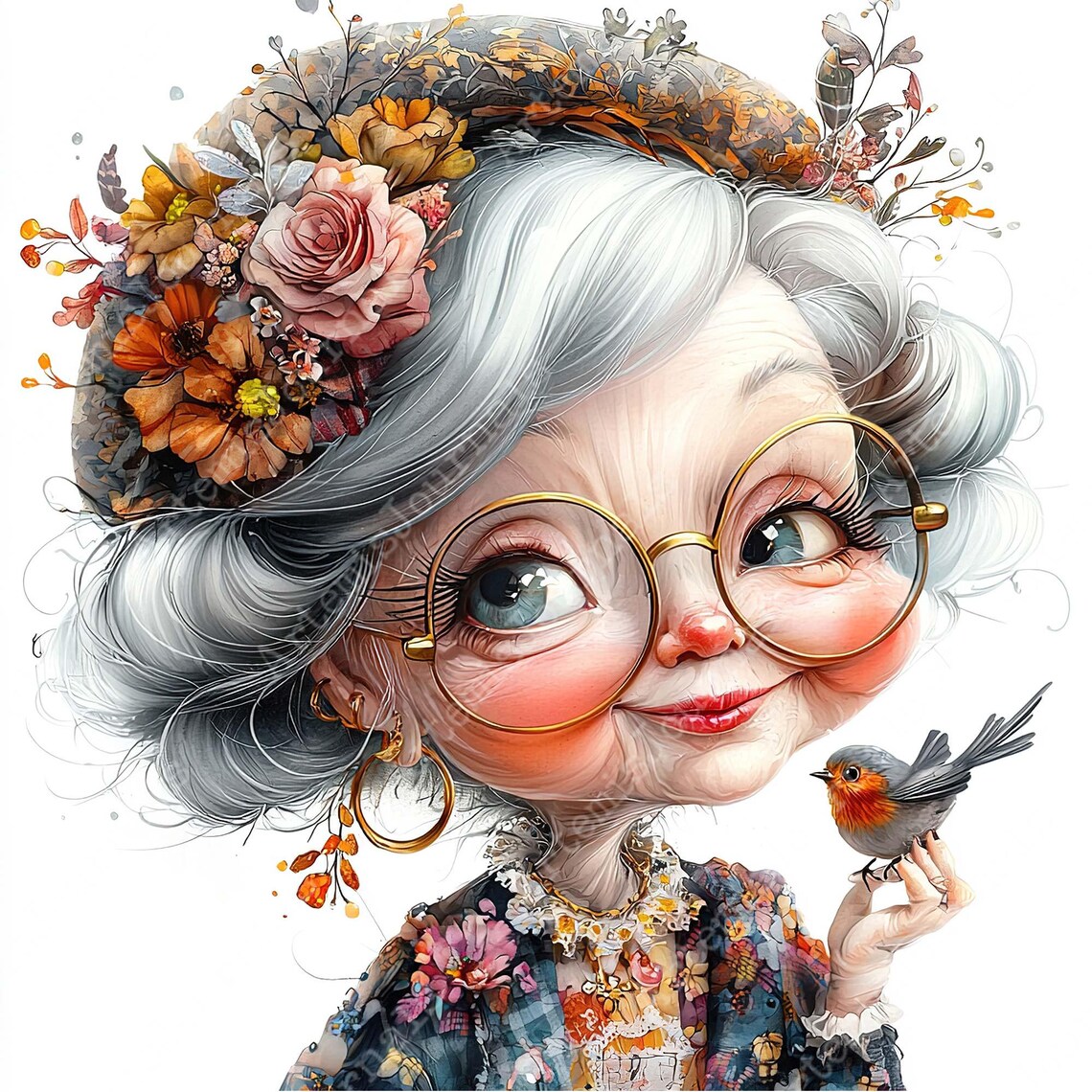 JPEG Watercolor Bohemian Granny Clipart Bundle Elderly Lady Funny ...