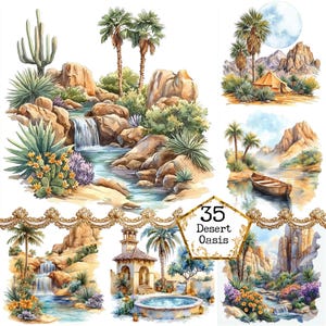 JPEG Akwarela Pustynna Oaza Clipart Bundle Akwarela Afryka Oaza Krajobraz Clipart Natychmiastowe pobieranie Papierowe rzemiosło Junk Journal Scrapbooking