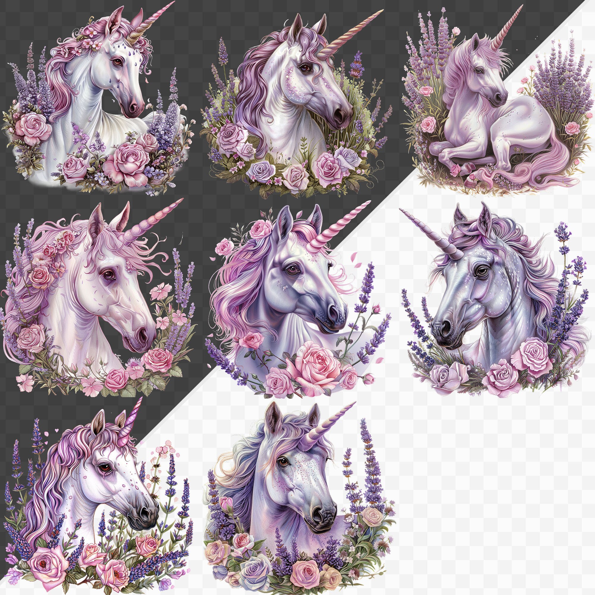 PNG Watercolor Floral Unicorn Clipart Bundle Lavender Roses Wreaths ...