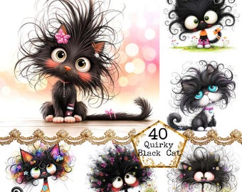 JPEG Aquarell wunderliche schwarze Katze Clipart Bundle Aquarell schrullige Katze lustige Katze Sofortiger Download Papier Handwerk Junk Journal Scrapbooking
