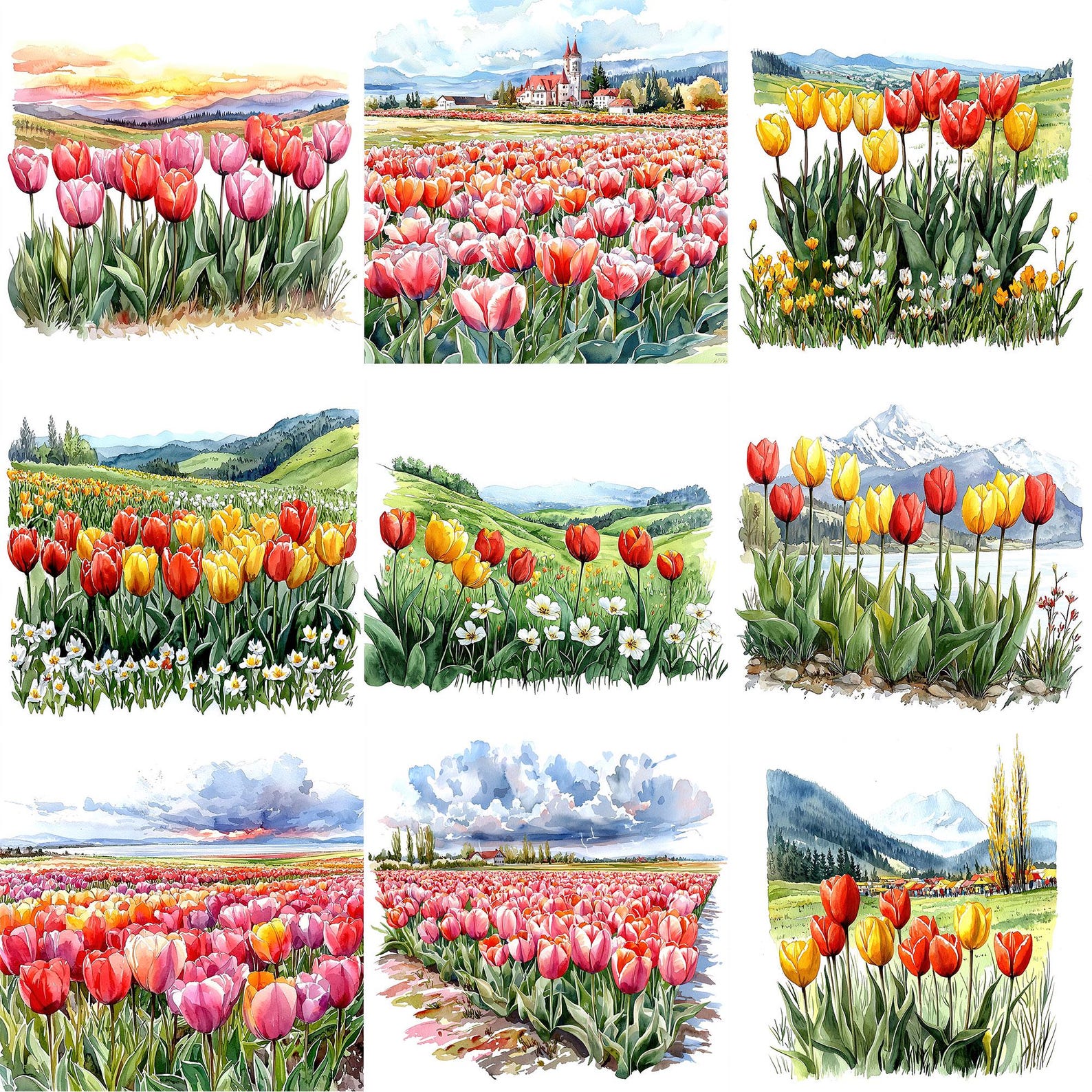 JPEG Watercolor Tulip Scene Clipart Bundle Spring Flowers Clipart ...