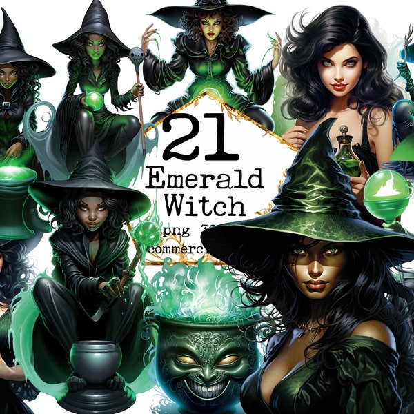 Green Witch Clipart Bundle Emerald Witch PNG Wicca Clipart Digital Art Instant Download Paper Crafts Junk Journal Scrapbooking