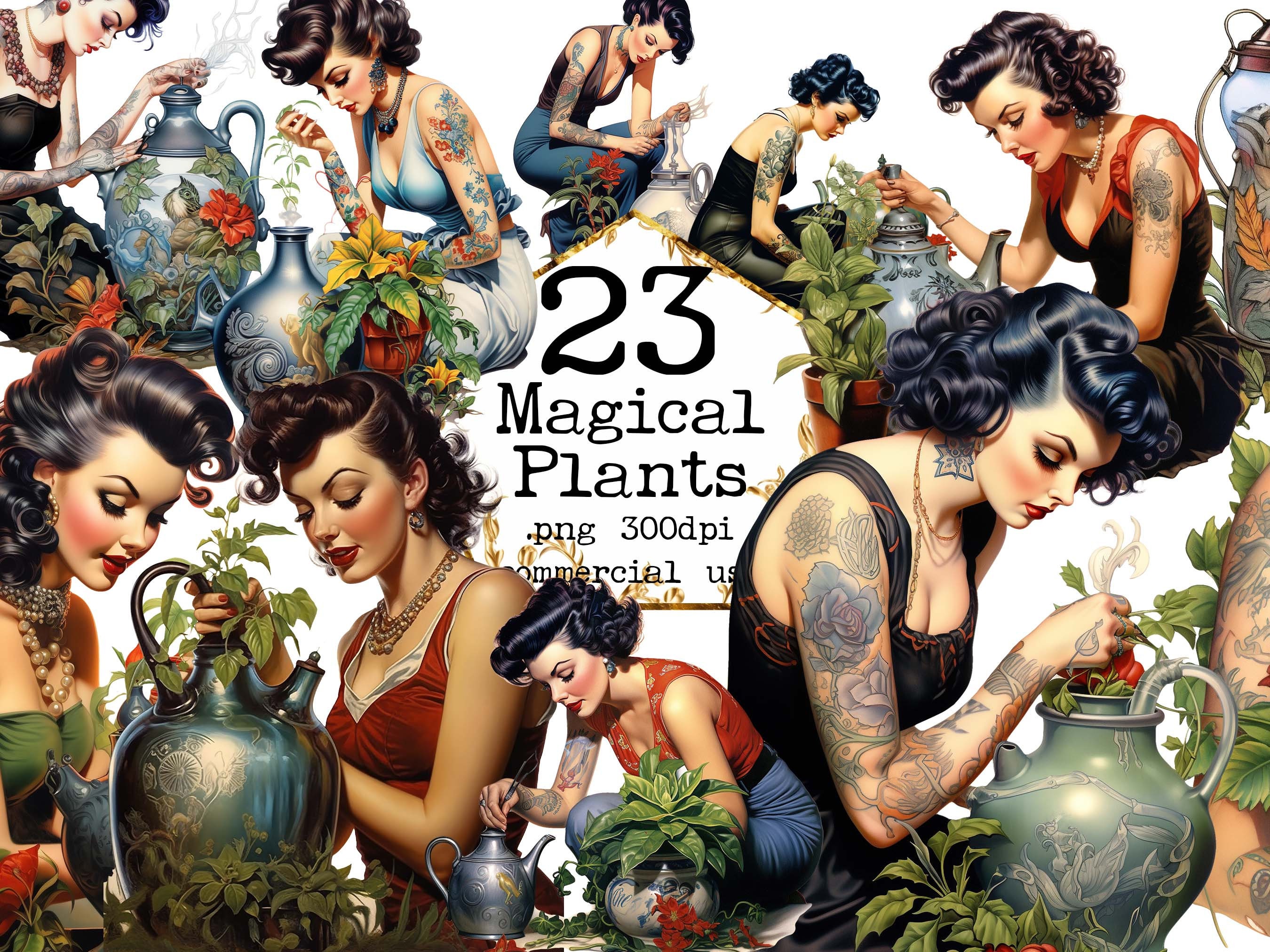 Rockabilly Loves Her Magical Plants Clipart Bundle Retro Rockabilly Clipart Witch Clipart Vintage ephemera Junk Journal Scrapbooking Digital