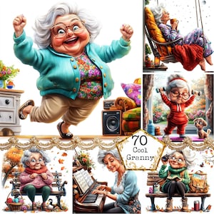 JPEG Senior Woman Clipart Bundle Riposo Giardinaggio Yoga Accogliente Riposo Lavoro a maglia Clipart Download immediato Carta Artigianato Rifiuti Giornale Scrapbooking