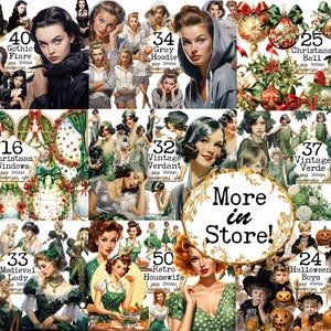 K&ouml;nnte beinhalten: Eine Sammlung digitaler Cliparts mit Vintage-Illustrationen von Frauen, Weihnachtsornamenten, Halloween-Jungen und mittelalterlichen Damen. Die Bilder sind in verschiedenen Stilen und Farben gehalten und eignen sich perfekt, um Ihren Projekten einen Hauch von Vintage-Charme zu verleihen.