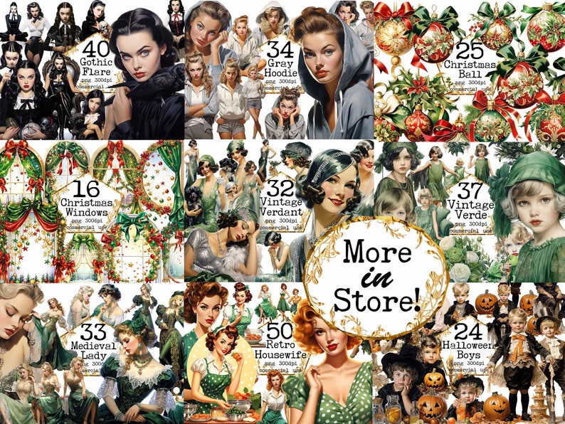 K&ouml;nnte beinhalten: Eine Sammlung digitaler Cliparts mit Vintage-Illustrationen von Frauen, Weihnachtsornamenten, Halloween-Jungen und mittelalterlichen Damen. Die Bilder sind in verschiedenen Stilen und Farben gehalten und eignen sich perfekt, um Ihren Projekten einen Hauch von Vintage-Charme zu verleihen.