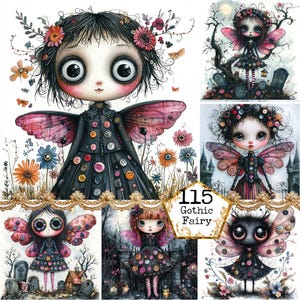 Bundle de clipart fée gothique fantaisiste aquarelle JPEG Clipart gothique effrayant Téléchargement instantané papier Artisanat indésirable Journal de scrapbooking