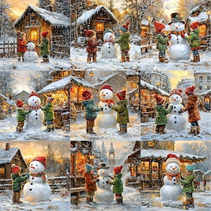 May include: A winter scene with nine snowmen, each with a different hat and scarf. The snowmen are standing in front of houses and shops, with trees and snow on the ground.