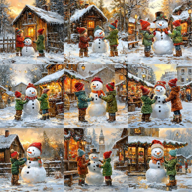May include: A winter scene with nine snowmen, each with a different hat and scarf. The snowmen are standing in front of houses and shops, with trees and snow on the ground.