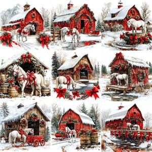 JPEG Watercolor Winter Red Barn With a White Horse and Christmas ...
