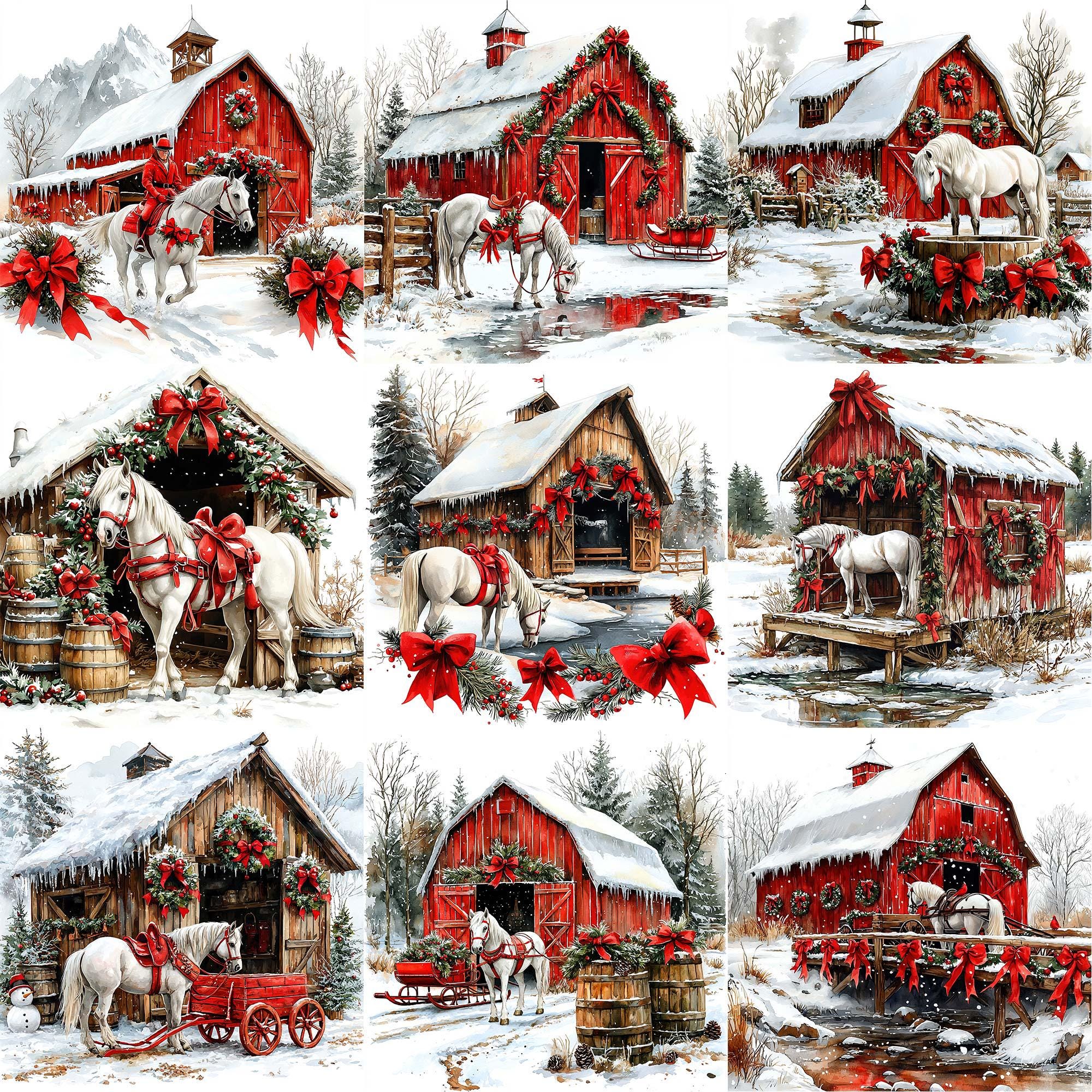 JPEG Watercolor Winter Red Barn With a White Horse and Christmas ...