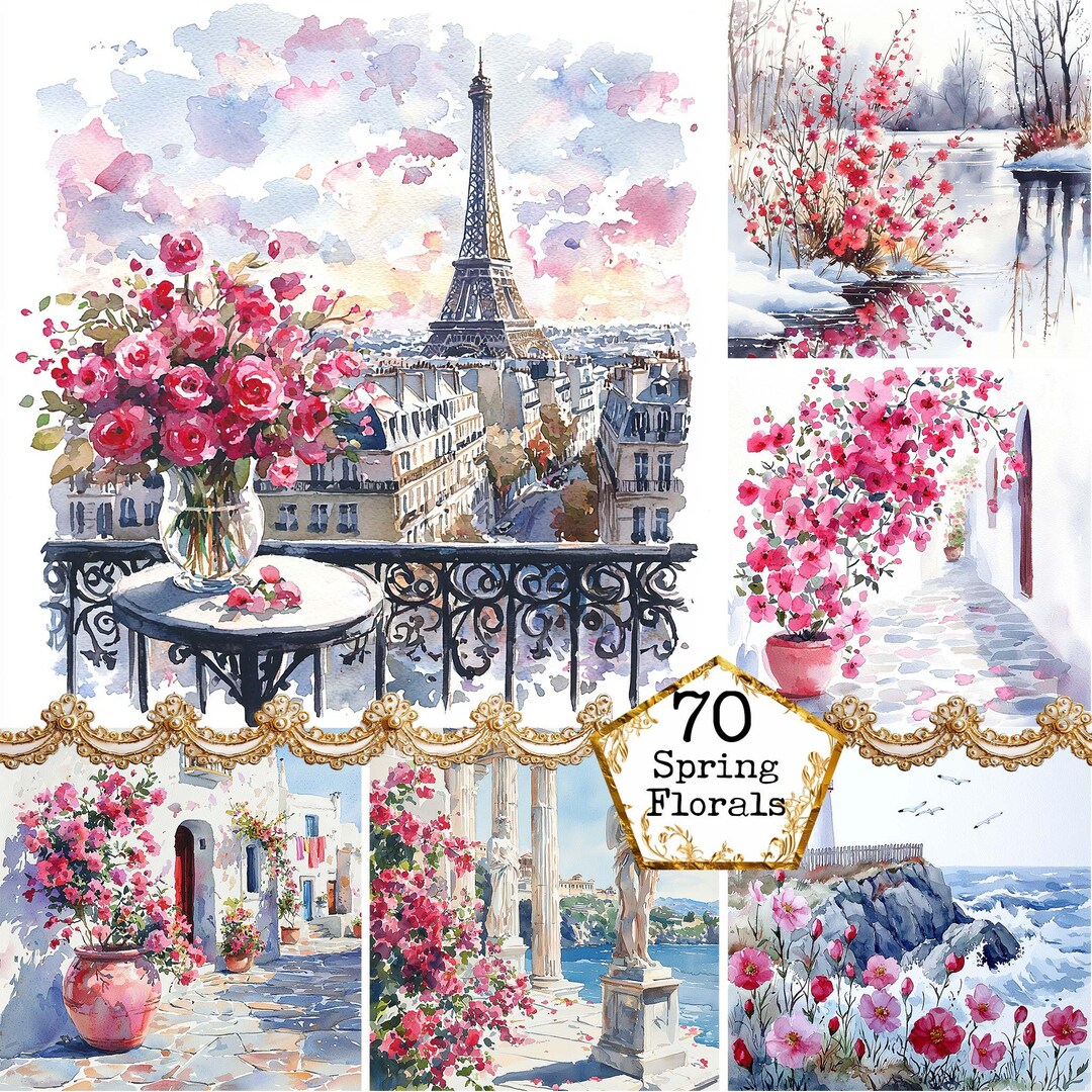 JPEG Watercolor Spring Floral Scenes Clipart Bundle Spring Graphics ...