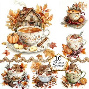 JPEG Acquerello Cottage Tea Clipart Bundle Autunno Tè Clipart Cottagecore Arte Rustica Download Istantaneo Artigianato di Carta Junk Journal Scrapbooking