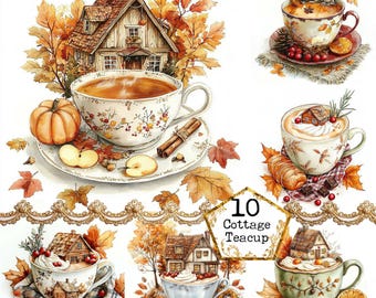 JPEG Watercolor Cottage Tea Clipart Bundle Autumn Tea Clipart Cottagecore Rustic Art Instant Download Paper Crafts Junk Journal Scrapbooking