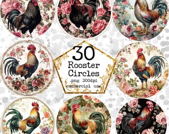 Watercolor Rooster Circular Sublimation Design Clipart Bundle Floral Rooster Clipart Instant Download Paper Crafts Junk Journal Scrapbooking