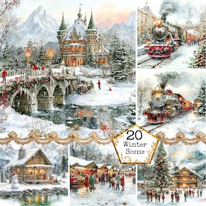 JPEG Scène de Noël Ensemble de cliparts de Noël Noël pour enfants Paysage d'intérieur Téléchargement instantané Créations en papier Journal indésirable Scrapbooking