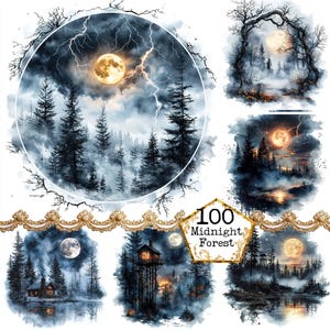 Ensemble de cliparts JPEG forêt effrayante la nuit Téléchargement instantané Forêt brumeuse Paysage forestier au clair de lune Travaux manuels en papier Junk Journal Scrapbooking