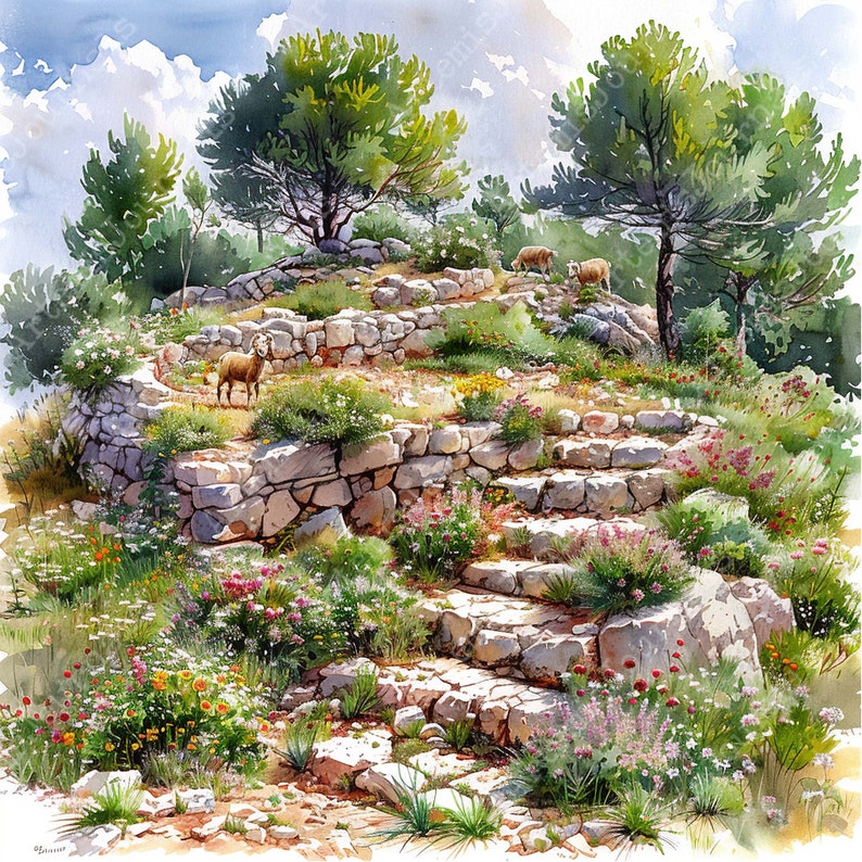 May include: A watercolor painting of a stone stairway leading up a hillside. The stairway is surrounded by lush green foliage and wildflowers. Two sheep are visible in the distance, grazing on the hillside.