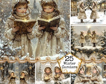 JPEG Aquarell Weihnachten Carolers Grafiken Vintage Hintergründe Winter Landschaft Sofortiger Download Papier Handwerk Junk Journal Scrapbooking