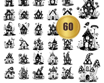 Puede incluir: Un conjunto de 60 archivos de corte SVG en blanco y negro que presentan casas de setas caprichosas. Las casas están decoradas con varios detalles, incluidas ventanas, puertas y chimeneas. Algunas casas tienen un techo puntiagudo, mientras que otras tienen un techo redondeado. Las casas están rodeadas de flores y otros follajes.