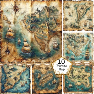 JPEG-piratenkaartavontuur: schateilanden, nautische fantasie, clipartbundel JPEG direct downloaden, plakboek, junkjournaal, papierkunst