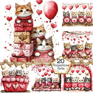 Ensemble de cliparts aquarelle chats fantaisistes JPEG Les chats de la Saint-Valentin aquarelles entendent l'art Téléchargement instantané Papier Artisanat indésirable Journal Scrapbooking
