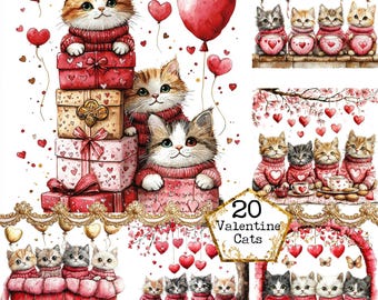 JPEG Watercolor Whimsical Cats Clipart Bundle Watercolor Valentine's Cats Hears Art Instant Download Paper Crafts Junk Journal Scrapbooking