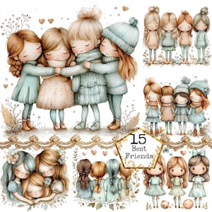 JPEG Aquarell süße kleine Mädchen beste Freunde Clipart Bundle Freundschaft Clipart Sofortiger Download Papier Handwerk Junk Journal Scrapbooking