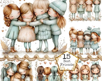 JPEG Watercolor Cute little Girls Best Friends Clipart Bundle Friendship Clipart Instant Download Paper Crafts Junk Journal Scrapbooking