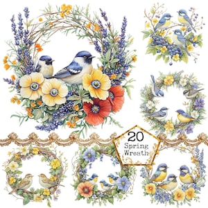 May include: A set of 20 spring wreaths featuring bluebirds and flowers. The wreaths are crafted from twigs and adorned with a range of blooms, including yellow, red, and blue. The bluebirds are perched on the wreaths, gazing towards the viewer. The text "20 Spring Wreath" is displayed in the centre of the image.