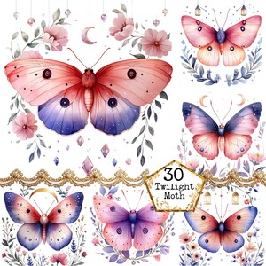 PNG + JPEG Aquarell Twilight Moth Clipart Bundle Frühling Clipart mystische Motten Art Instant Download Papier Handwerk Junk Journal Scrapbooking