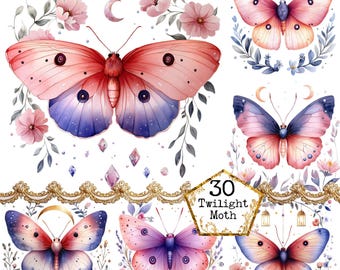 PNG + JPEG  Watercolor Twilight Moth Clipart Bundle Spring Clipart Mystical Moths Art Instant Download Paper Craft Junk Journal Scrapbooking