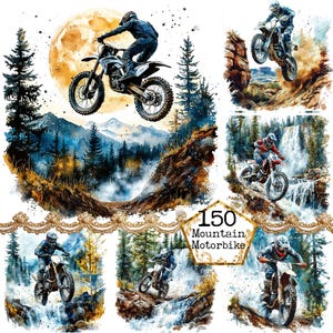 May include: A collage of six watercolor illustrations featuring motocross riders in various mountain settings. The riders are depicted in action, navigating challenging terrain, with a full moon in the background of one image. The text "150 Mountain Motorbike" is featured in the center of the collage.