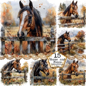 Aquarell Pferd Blick über einen alten Holzzaun Clipart Bundle JPEG Sofort-Download Kommerzielle Nutzung Papier Handwerk Junk Journal Scrapbooking