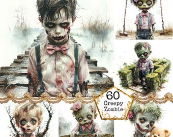 May include: Collage of six images featuring creepy zombie children with pale skin, red eyes, and bloody mouths. The children are dressed in pink and white clothing and are holding various props, including a teddy bear, a swing, and a bridge. The text "60 Creepy Zombie" is displayed in a gold hexagon.