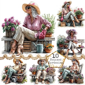 Pacote de clipart de jardinagem para senhora idosa em JPEG Banco de jardim Aquarela Jardinagem Download instantâneo Papel Artesanato Diário de sucata Scrapbooking