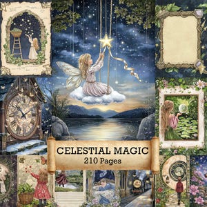 May include: A digital art print featuring a celestial theme. A young girl with fairy wings sits on a cloud, reaching for a star. The image includes a clock, frames, and the text "CELESTIAL MAGIC 210 Pages". The color palette includes blues, greens, and golds.