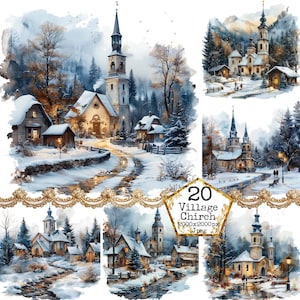 JPEG Mountain Village con Chirch Clipart Bundle JPEG Winter Clipart Uso commerciale Download immediato Paper Crafts Junk Journal Scrapbooking