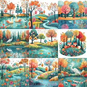a painting of a colorful landscape with trees and water