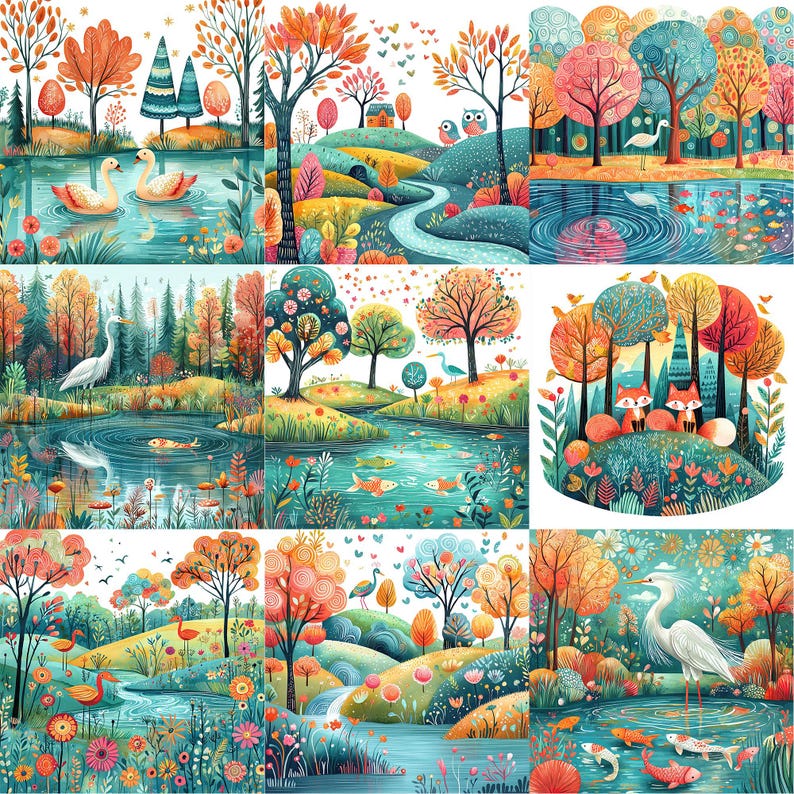 a painting of a colorful landscape with trees and water