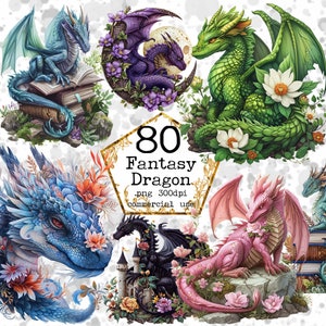 BIG BUND Dragons Acquerello Clipart, Fantasy Dragons PNG, Magica Favola Download istantaneo Artigianato di carta Junk Journal Scrapbooking
