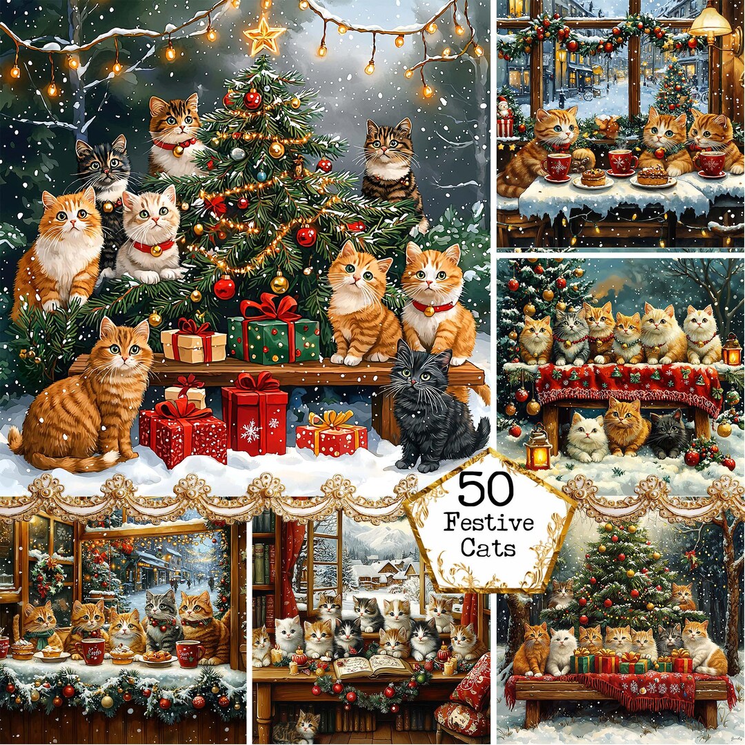 JPEG Watercolor Christmas Cat Illustrations Festive Cats Christmas ...