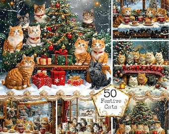 JPEG Watercolor Christmas Cat Illustrations Festive Cats Christmas Carol Xmas Art Instant Download Paper Crafts Junk Journal Scrapbooking
