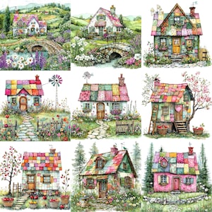 May include: Nine illustrations of whimsical, colorful, patchwork houses with gardens and flowers. Each house has a unique design and features a variety of colors and patterns.