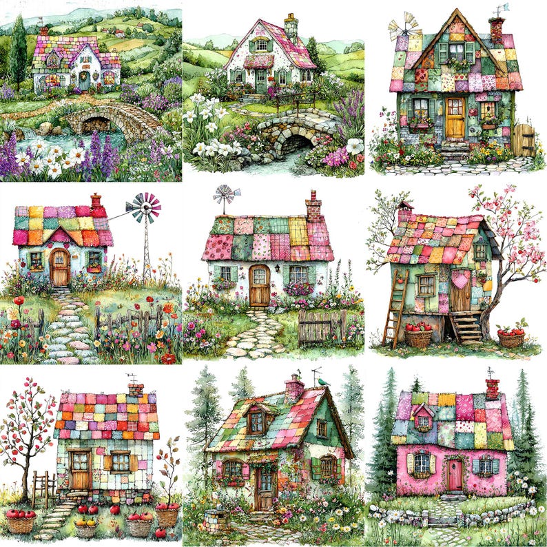 May include: Nine illustrations of whimsical, colorful, patchwork houses with gardens and flowers. Each house has a unique design and features a variety of colors and patterns.